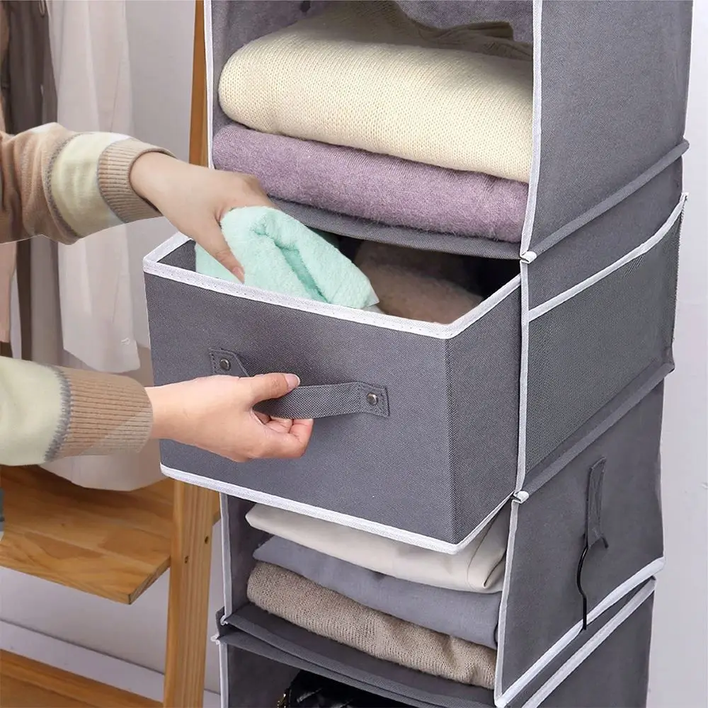 Custom clothes detachable hanging organizer with beside bag 2 separable hanging shelves for wardrobe
