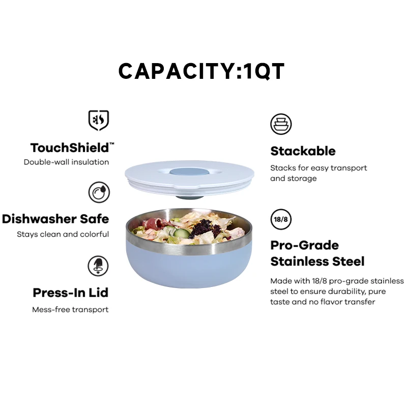 Cutstom Logo Color Insulated Stainless Steel 18/8 Salad Bowl for Food Storage with Magnetic Sauce Box