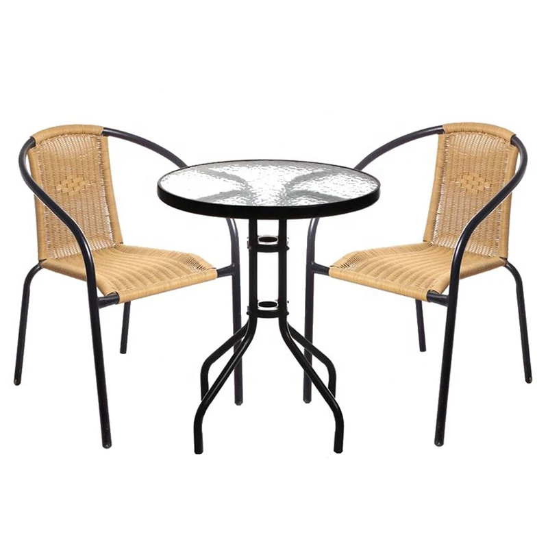 Outdoor Tempered Glass Round Table and Rattan Chairs Garden Furniture 3pcs Bistro Set