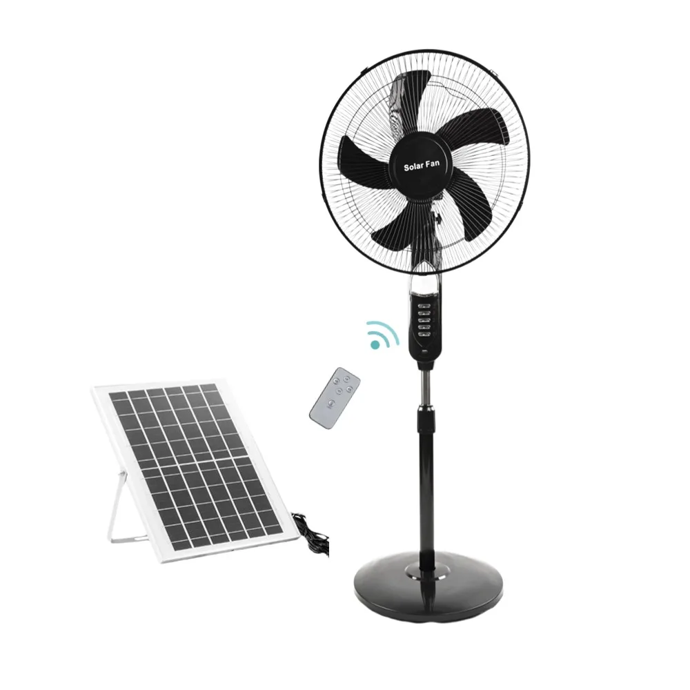 Custom 16 Inch Solar Powered Standing Pedestal Rechargeable Fan with 20W Solar Panel Battery USB and Adapter for off grid use