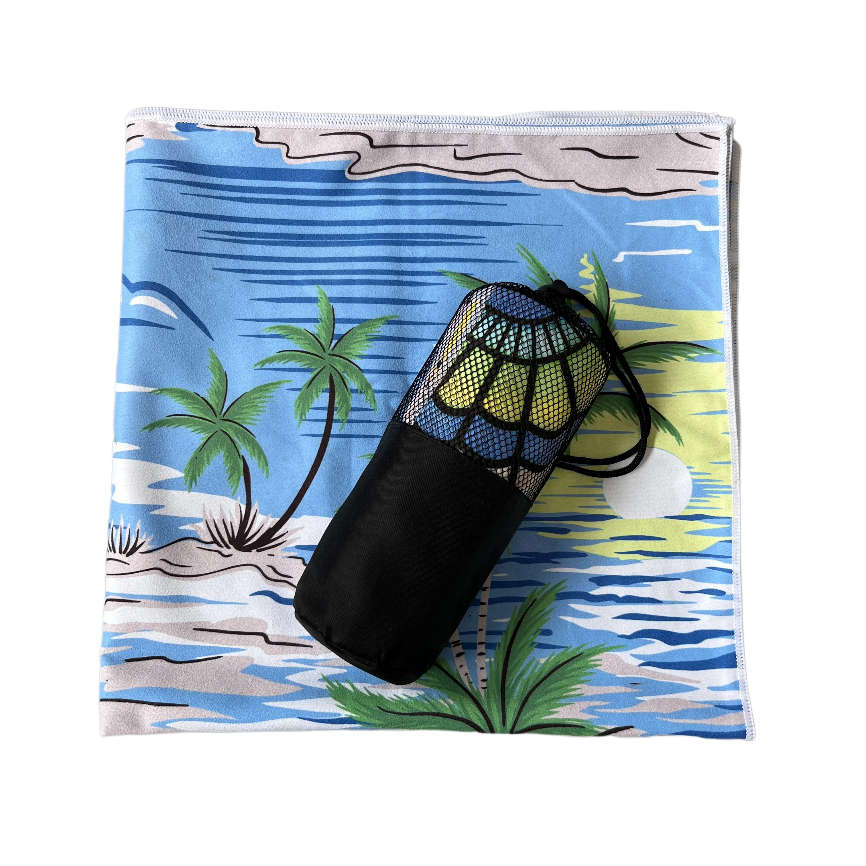 Custom microfiber  suede printed recycle quick dry travel beach  towel with travel bag