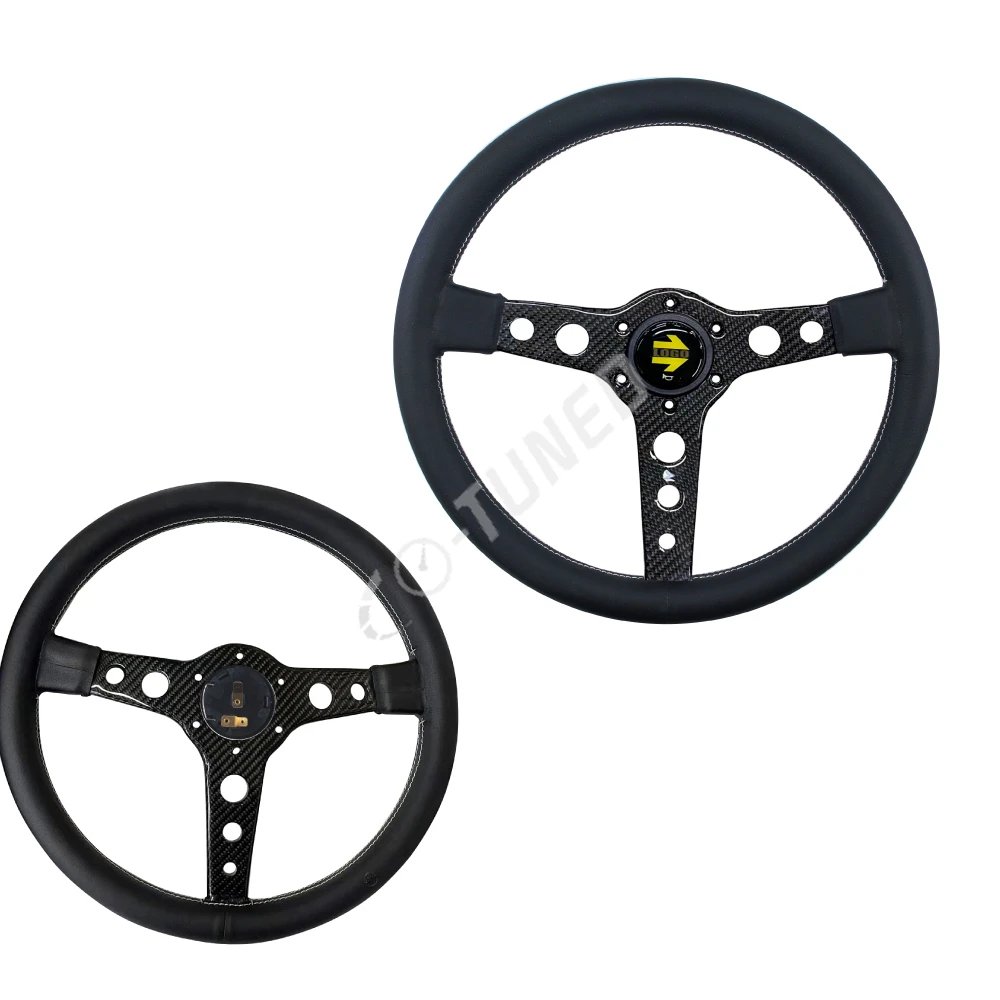 345mm/13.58inch JDM Racing Prototipo Style 6-Bolt Carbon Fiber Spoke Black Leather Steering Wheel With Logo Horn Button