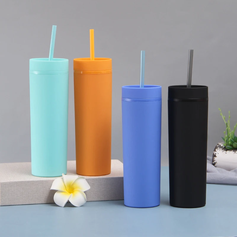 16oz/473ml Double Wall Insulated Skinny Acrylic Tumblers with Straw and Lid