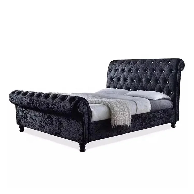 Bed Sleigh Wooden with Diamante Choice of Colours Available Cheap Fabric Beautiful Style Crushed Velvet Home Furniture Soft Bed