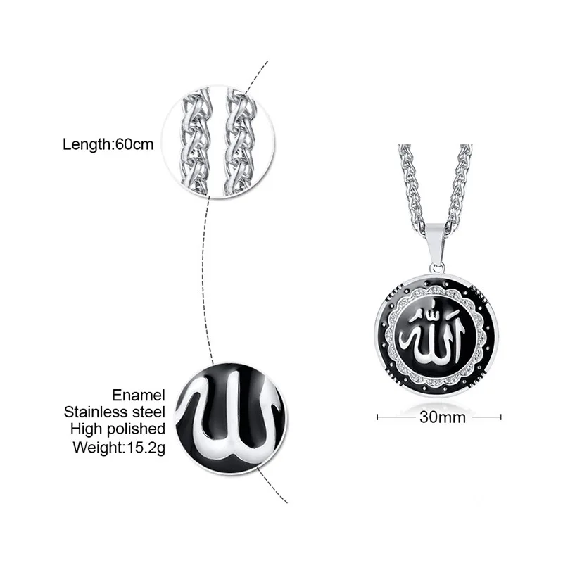 Wholesale Muslim Jewelry Stainless Steel gold necklace Zircon disc Pendant Customized Engraved Arabic Letter male necklace