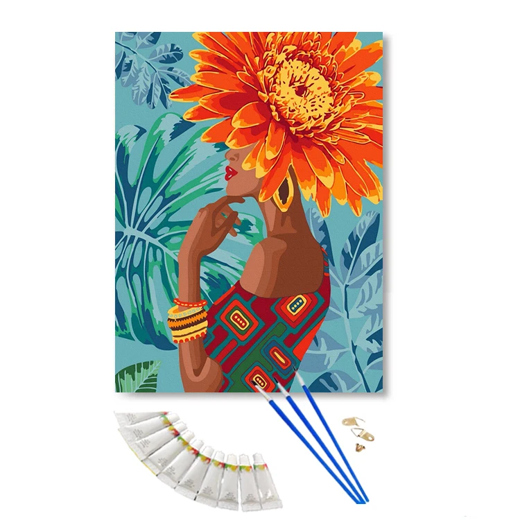 Custom Painting By Number Beautiful Girl And Tropical Flower On Canvas Acrylic Paint DIY Frame Paint By Number For Home Decor