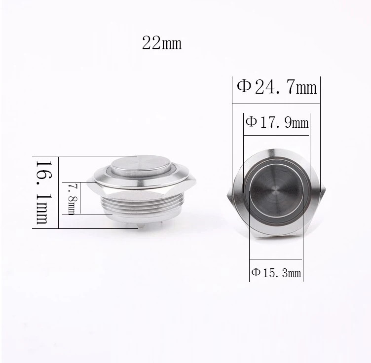 Short Body Flat Head Anti Vandal Switch 19mm 16mm 12mm 1No push button switch 1No