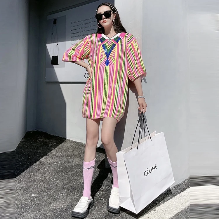 Small number of short sleeved European and American summer new color contrast sequins loose T-shirt