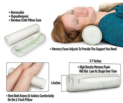 Cervical Neck Roll Pillow Cylinder Round Cushion Bolster Support for Sleeping Memory Foam and Bamboo Cover Alleviates Pain