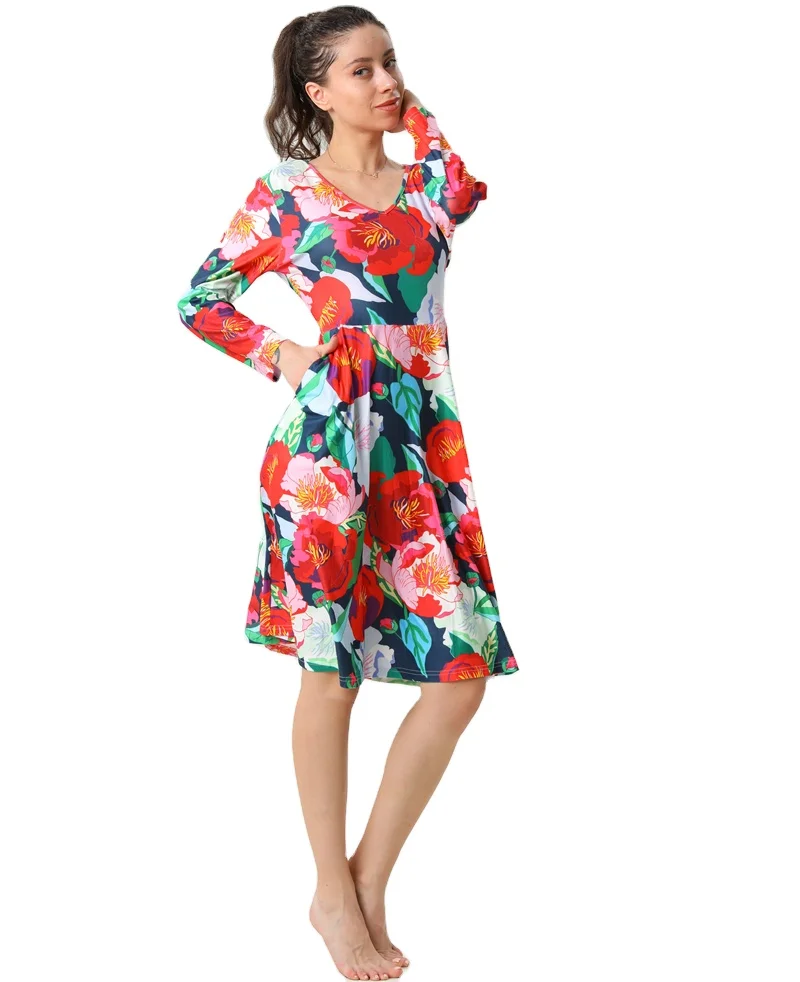 New Arrivals Wholesale Ultra Soft Fashion Women Full Long Sleeve Dress Red Flowers Four Seasons Lady Soft Dresses with Pockets