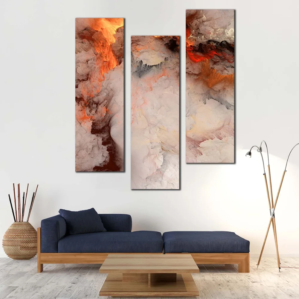 Modern Abstract Canvas Wall Art, Orange White Smoke Texture Abstract 4 Piece Canvas Print, Embossed Fractal on Canvas Set