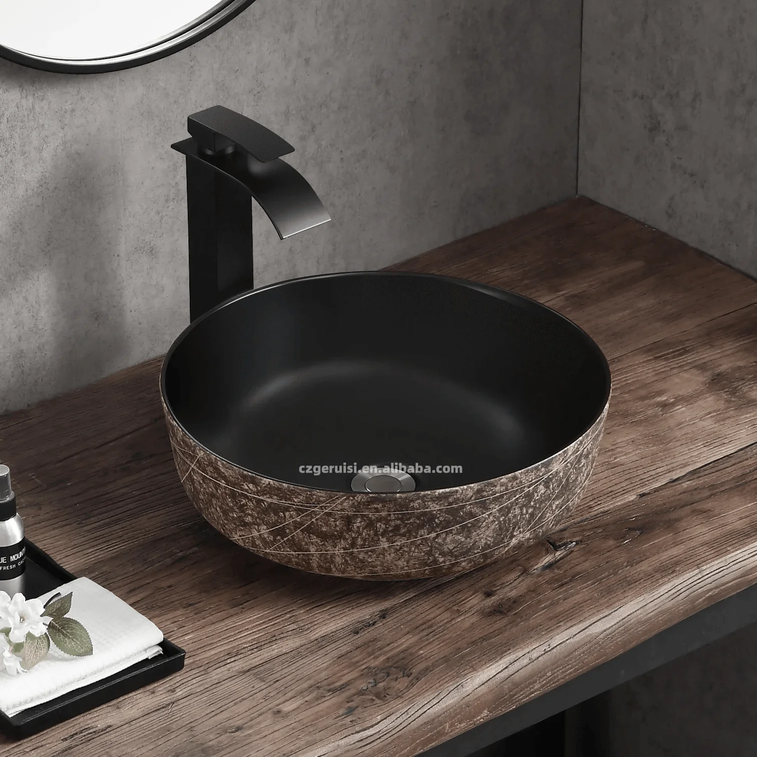 Hand made art pattern black glaze inner hand washing basin hotel table top cabinet basin sink