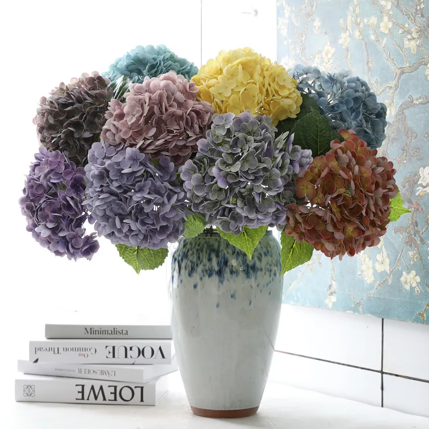 High Quality Single Stem Artificial Real Touch Latex Hydrangea Large Head Green White Flower For Party Wedding Table Decoration