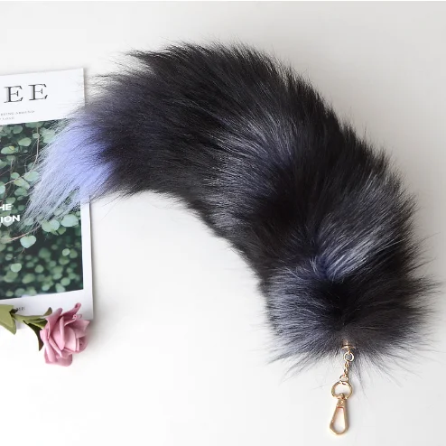 Wholesale crystal 45 cm large black fox tail China fluffy real fox fur tail key chain