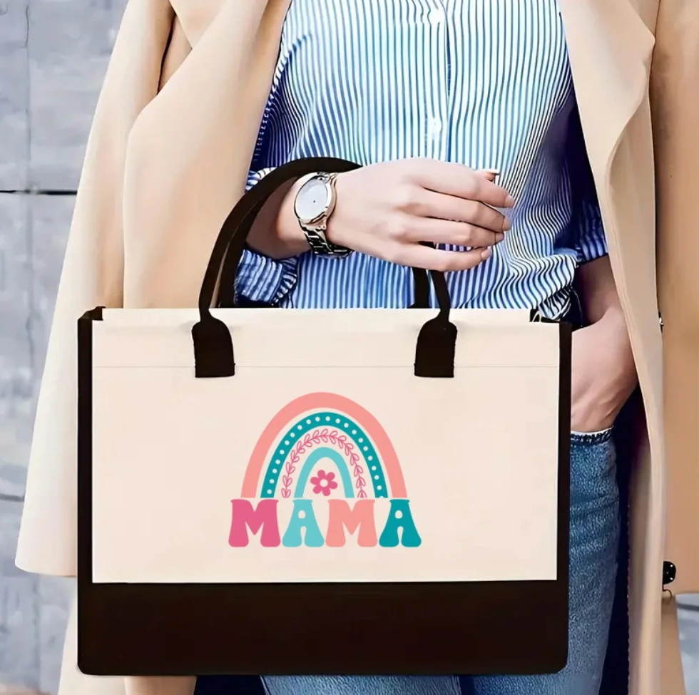 Wholesale Personalized Mother Designs Printed Shopping Bags Large Capacity Cotton Linen Portable Beach Bag Women Canvas Handbag