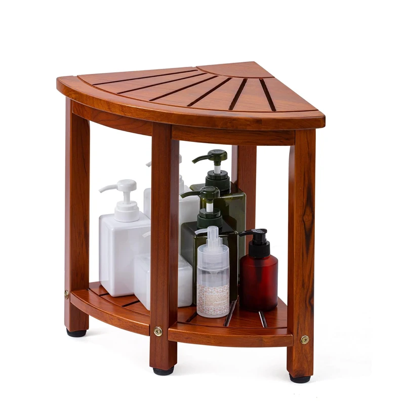 Teak Corner Shower Stool for Shaving Legs with Storage Shelf
