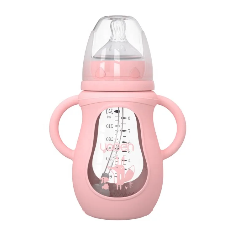 Newborn Baby Wide Mouth Glass Baby Feeding Bottle With Straw Silicone Anti-Drop Sleeve
