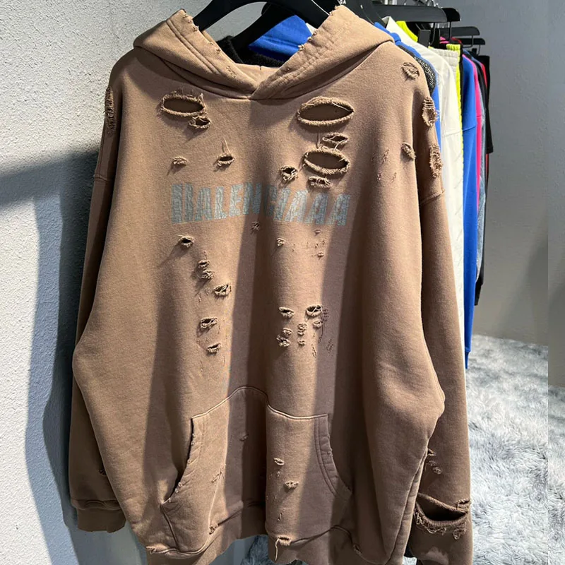 Wash Water Technic Stringless Ripped Hoodies Stylish Oversized Streetwear Custom Logo Pullover Hoodie For Men