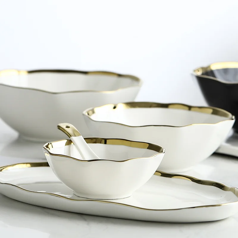 nordic luxury simple creative irregular rice bowl household gold rim dinnerware set restaurant