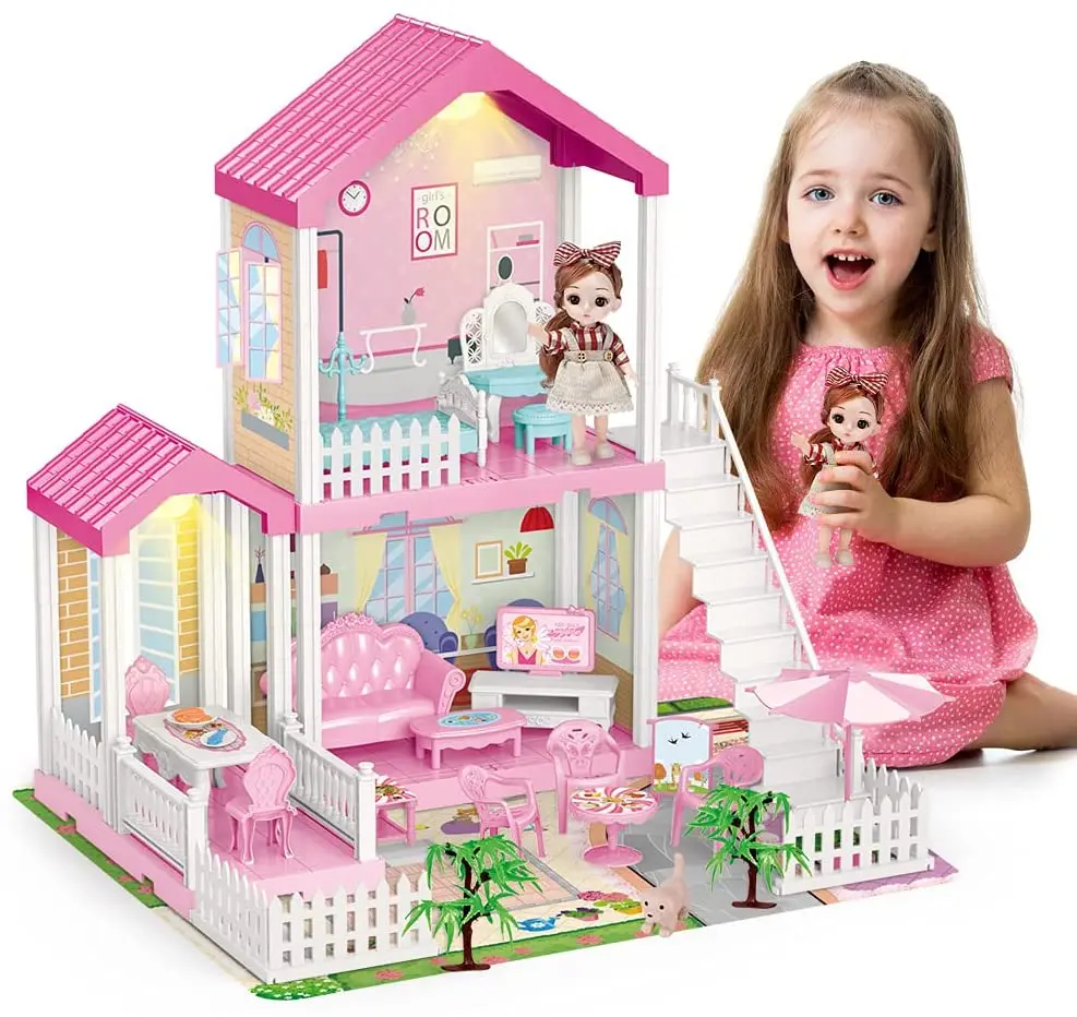 Girls Miniature Dollhouses DIY Funny Child Pretend Play Plastic Doll Houses Toys Indoor Playing with Accessories Furniture