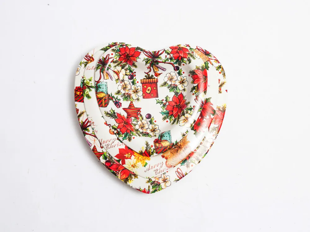 Heart shape plastic serving tray,western design christmas printed holiday plastic serving tray