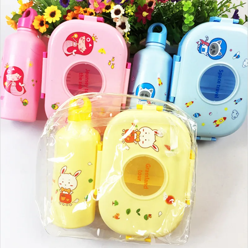 Factory Cheap Kid children Cartoon Lunch Box Set Cute Bottle Plastic food container Microwavable heating Bento Box Water Bottle