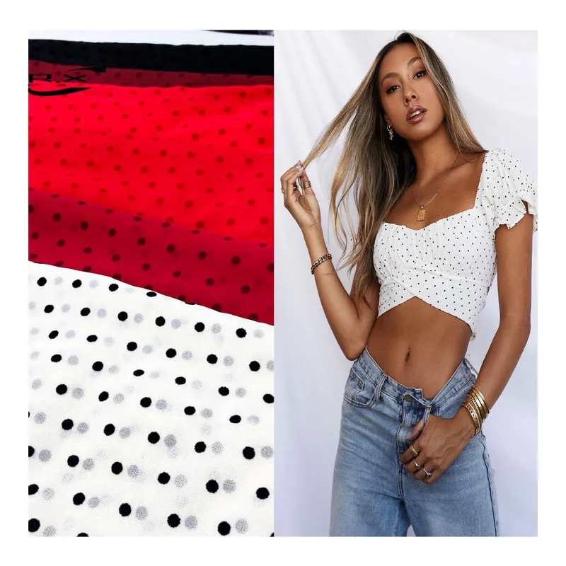 Custom Wholesale High Quality Polyester Polka Dot Flocking  Chiffon Material Fabric for Clothing China