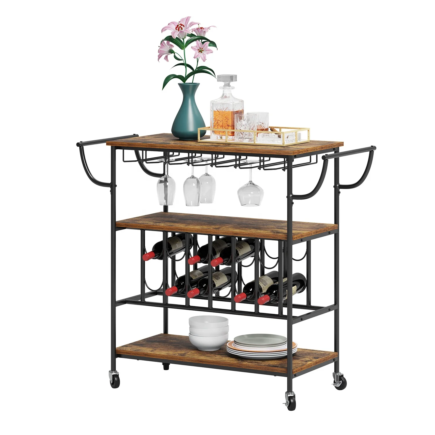 
Metal Rolling Wine Storage Rack and Glass Holder 