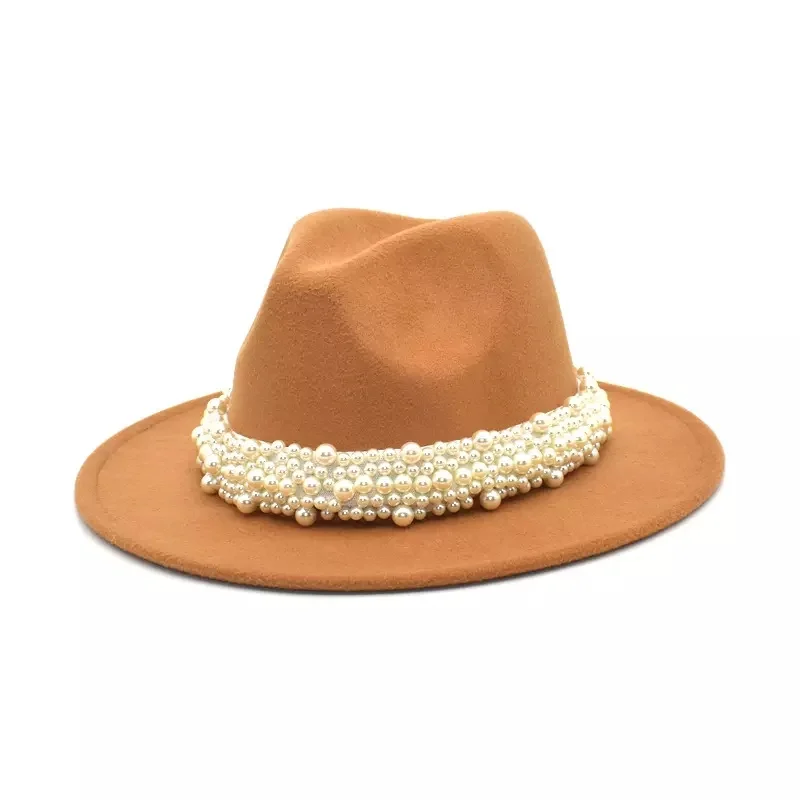 Fashion Pearl Decoration Faux Wool Felt Fedora Hat Solid Color Top Jazz Hats Women Dressing Large Brim Panama Caps