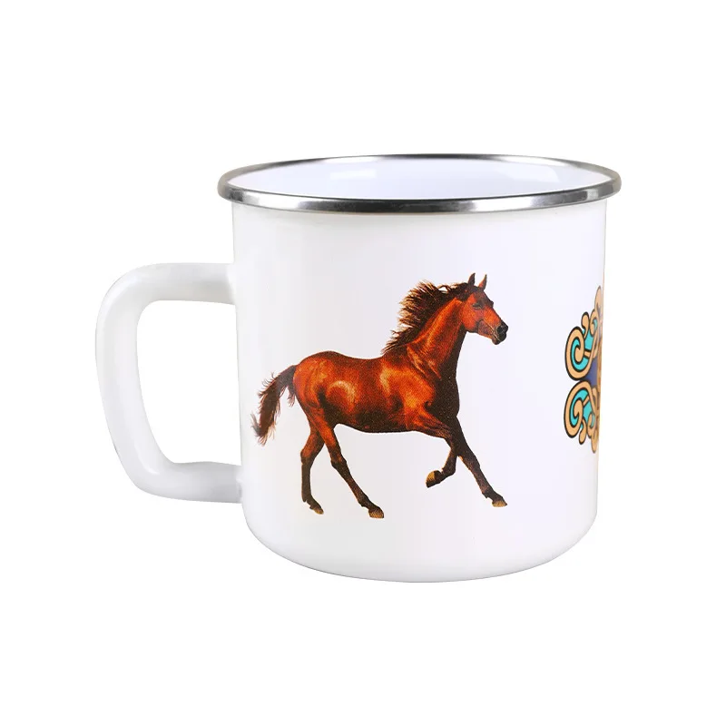 GZYSL RTS Custom logo colorful Retro Souvenir Enamel Coffee Cup Enamelled Travel Camping Mugs with black or metal rim
