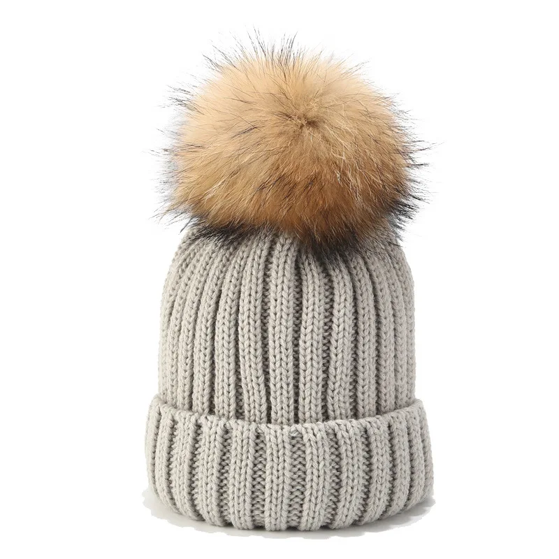 Thick Warm Adult Natural Raccoon Fur Ball Winter solid color Hat Women Knitted Pom Pom wool Beanies