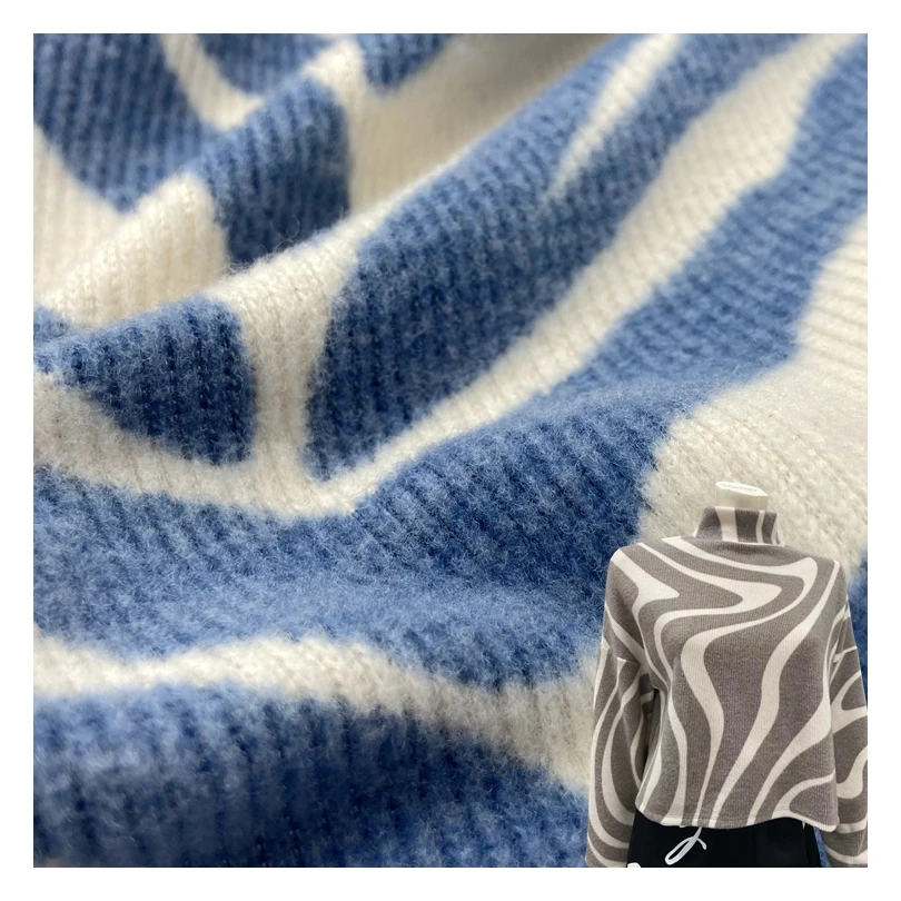Soft quality polyester rayon spandex knitted 230GSM custom digital printed rib hacci brushed sweater fabric