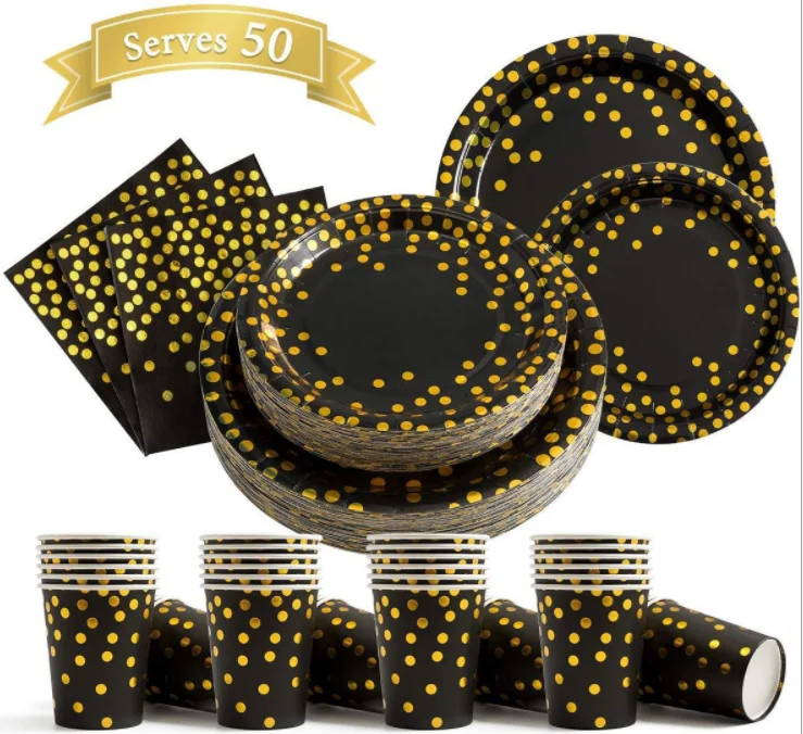 Black Gold Dot Disposable Paper Plates Cups Napkins Tableware Sets Paper Plates Set Party Decorations Supplies