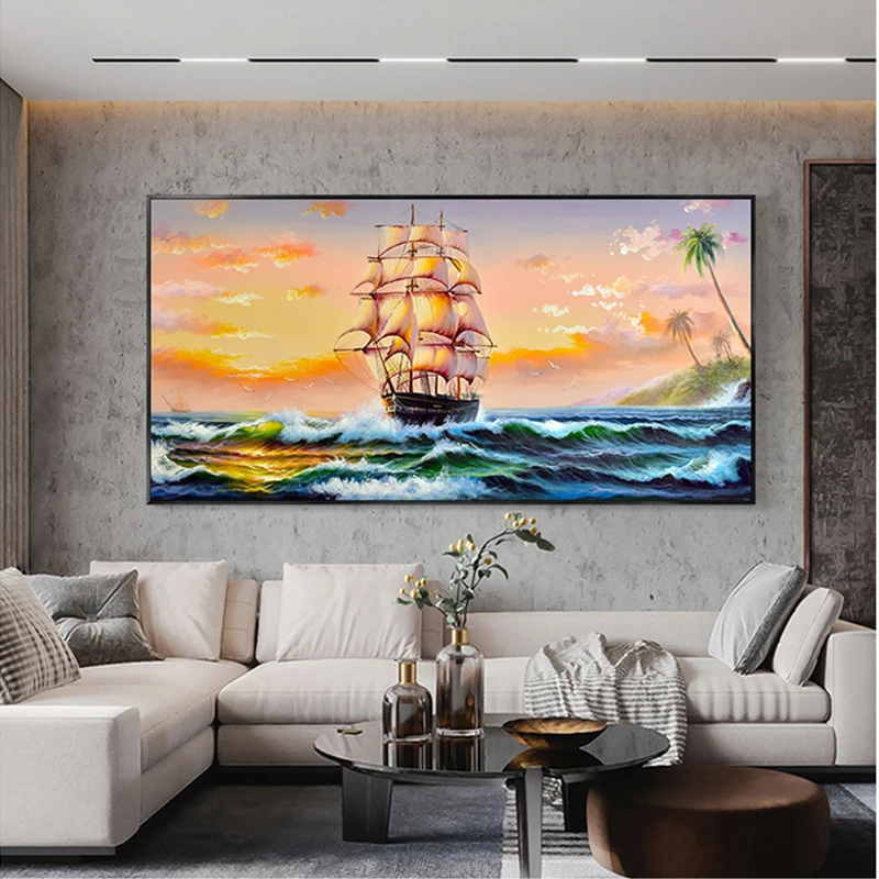 Hand-painted sailing oil painting modern living room decoration painting porch scenery hanging painting American mural