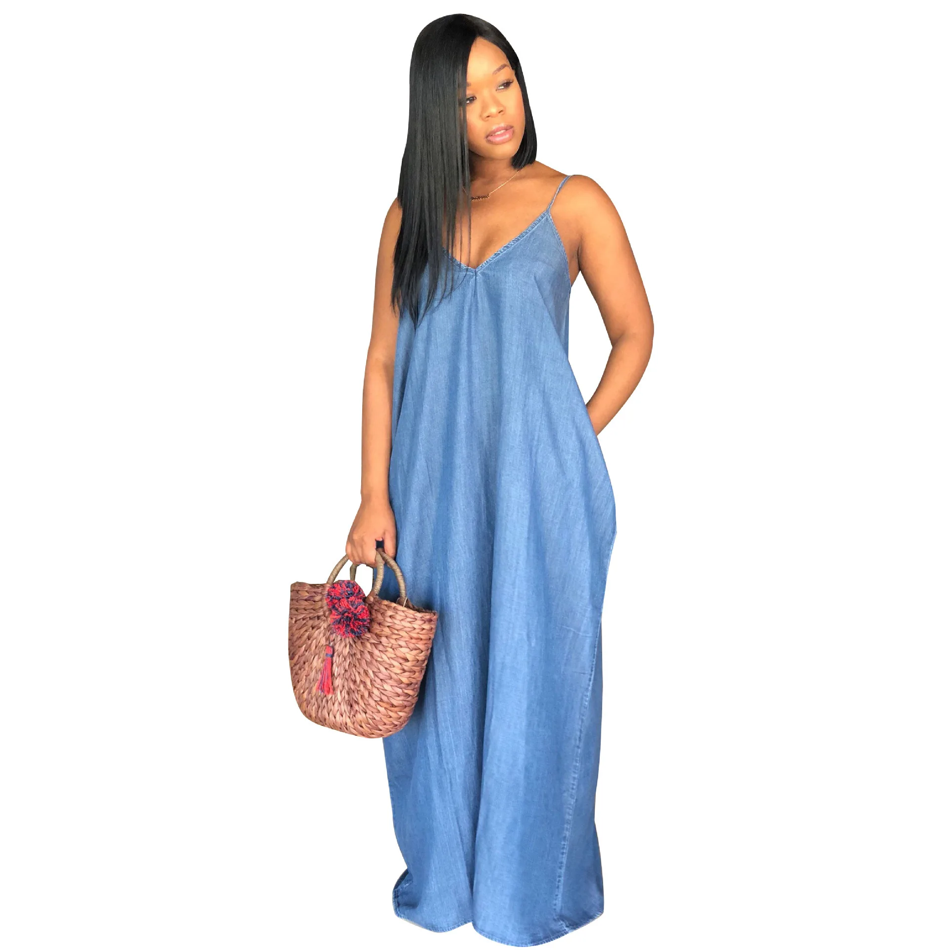 
Summer casual solid loose off shoulder maxi dresses long women denim dress 