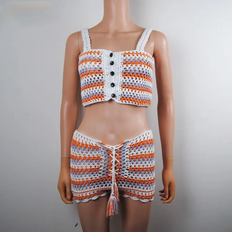 Custom Summer beach Crochet Shorts Sweater Set Women Handmade crochet knit crop top and sweater short pant set for women