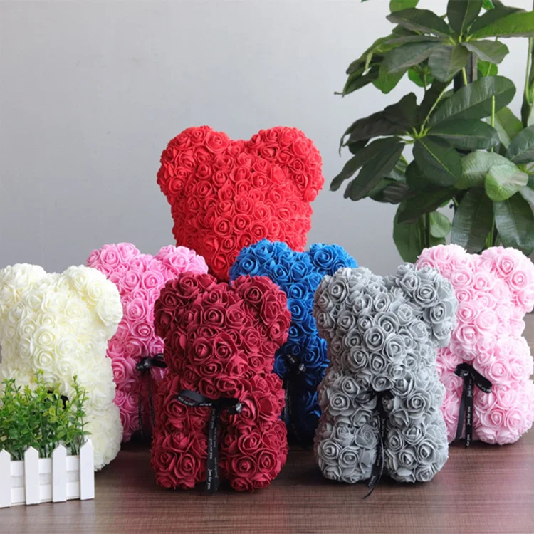 High Quality Artificial PE 25CM Colorful Red Rose Bear Teddy Bear Rose With Ribbon Valentine Day Gifts