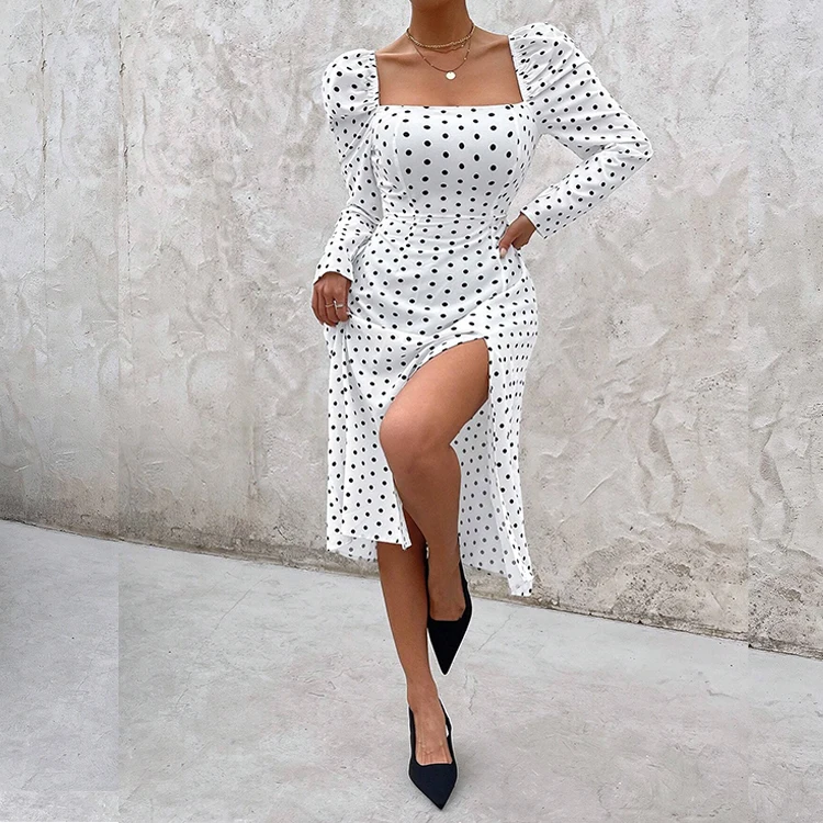 Custom Elegance Women Dot Printing Split Thigh Square Neck  Midi Dress  Long Sleeves Slim Fitted Dresses