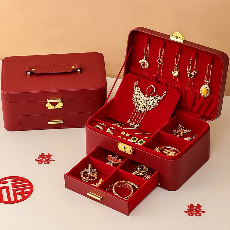 Classical Chinese Wedding Style Custom Logo PU Leather Drawer Jewelry Organizer Ring Earring Necklace Bracelet Jewellery Gift