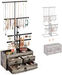 Rustic Wood Jewelry Stand Organizer 4 Tier Metal Jewelry Holder Display With Wood Basic Storage Box 3 Drawers and Adjustable