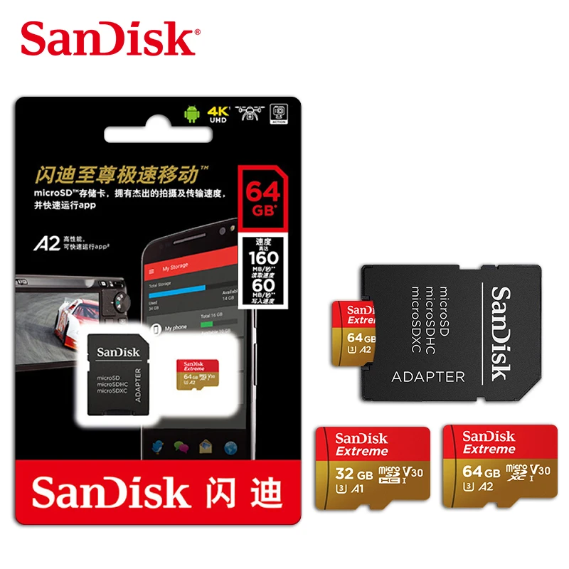 Оптовая продажа двойной флеш-накопитель SanDisk A2 Extreme SD Card 64 Гб V30 100 МБ/с. U3 флэш-памяти TF Mirc0/S/D X C карта поддерживает 4K HD