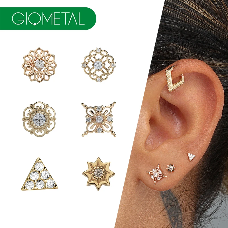 Giometal Flower Threadless Triangle Top Ends Lip Labet 14K Solid Gold Tragus Helix Stud Earrings Body Piercing Jewelry Wholesale