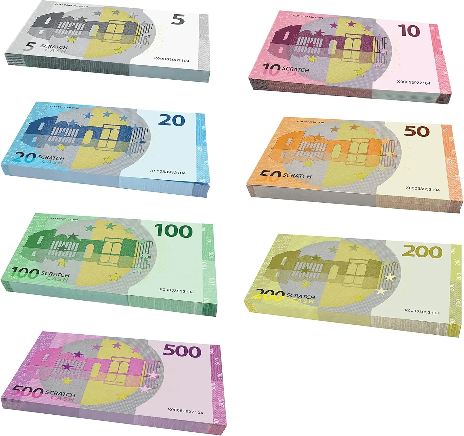 Scratch Cash Bundle Money to Play (размер увеличился до 125% по сравнению с реальными) 175 банкноты-7 стопок евро