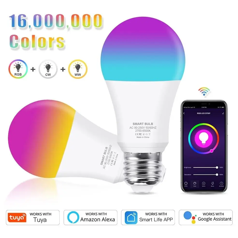 Tuya Smart Light Bulb App Control 2700K-6500K RGBCW+CCT Smart Bulb Google Home 9W E26 E27 B22 A60 LED Tuya wifi Smart Life Bulb