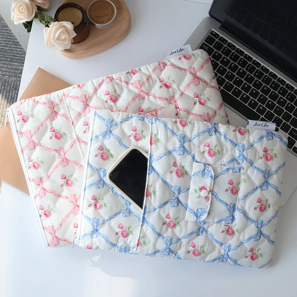 Custom Size Logo Aesthetic Blue Heart Printing Cotton Padded Zipper Laptop Tablet Protection Sleeve Pouch Bag