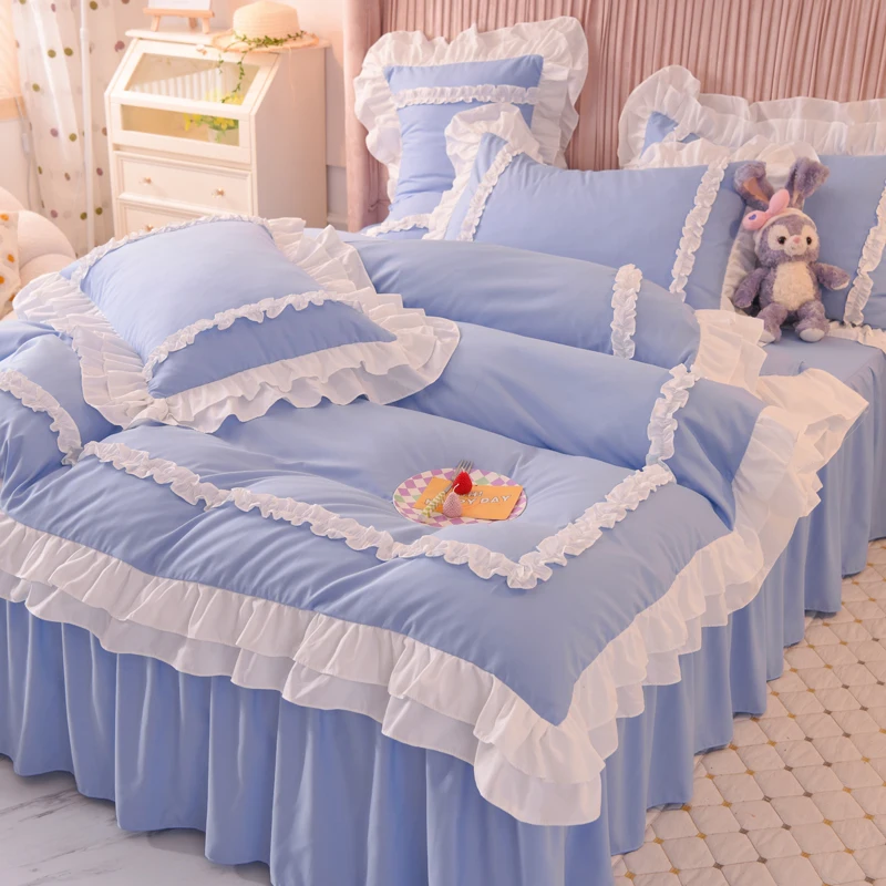 Romantic pink Duvet Cover Set with Bed Skirt Lace Ruffle Chic Bedding Sets Queen 4 Piece bed sheets sets duvet cover 100% cotton