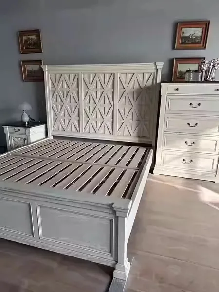 Bedroom Furniture French Country Style Bed Headboard With Lattice Design King Size oak Wood bed
