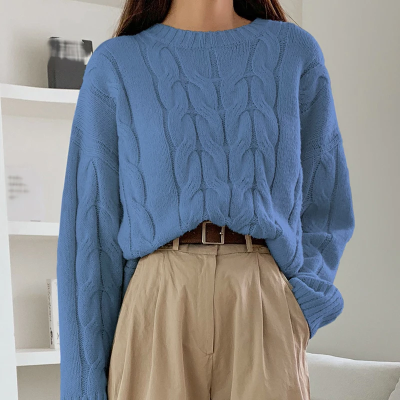 Solid Color Ladies Casual Sweater Fashion Round Neck Big Braid Cable Rib Cashmere Sweater