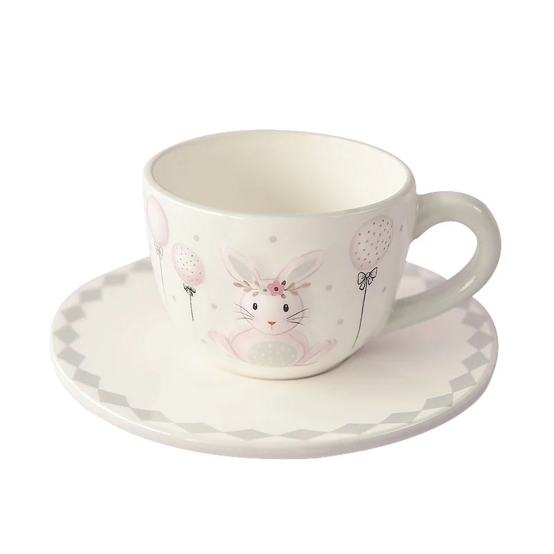 Bunny with Gold Laurel Wreath Ceramic Teacup Saucer Pink Easter Decorate with Hot Air Balloon