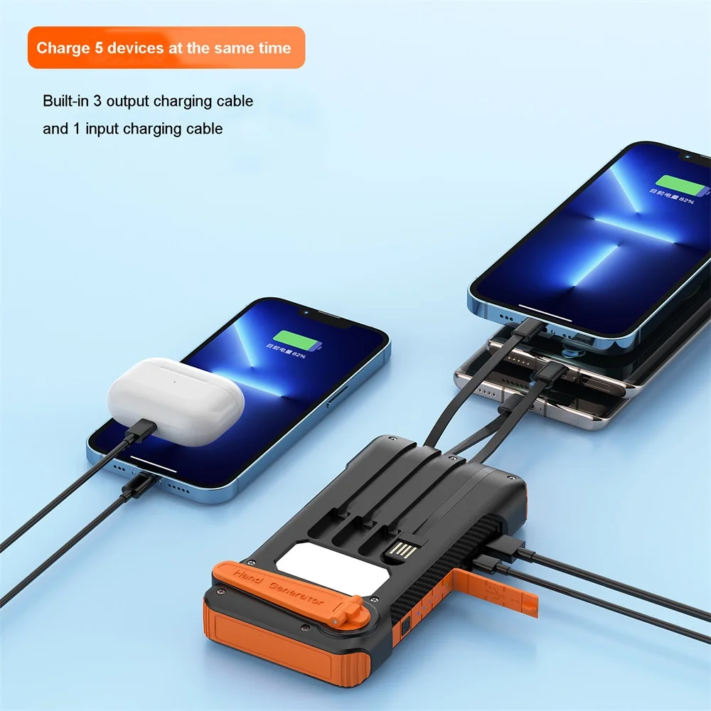 Hand cranked Solar Power Bank 10000mAh External Battery Pack Portable Charger with Micro Type C Cables